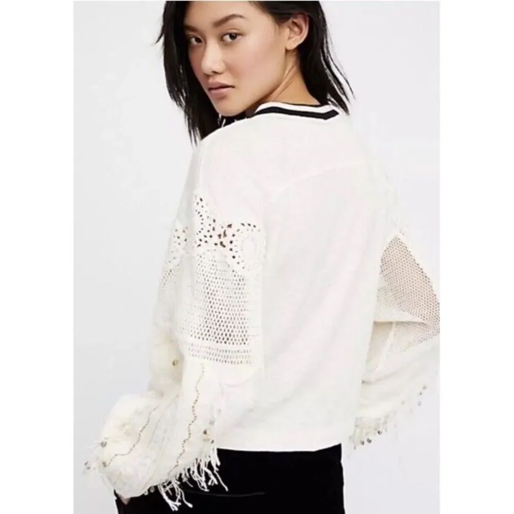NWT FREE PEOPLE Marakesh Embellished Sleeves Top‎ Sz S $128 MSRP Ivory